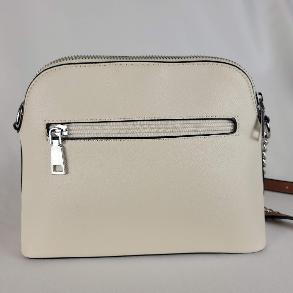 Cluci Cream & Tan Saffiano Faux Leather Dome Crossbody Bag Silver Chain Strap - Picture 2 of 9